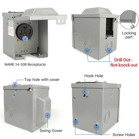 Ready To Roll 50 Amp Electric Vehicle Charging Outlet Box showing NEMA 14-50R receptacle and various mounting features.