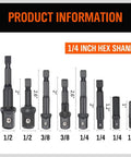 Eight Piece Impact Socket Adapter Set For One Quarter Inch Three Eighths Inch And One Half Inch Drives Quick Change Drill Chucks