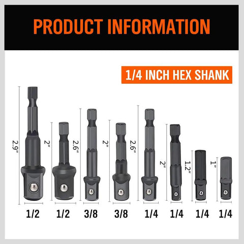 Eight Piece Impact Socket Adapter Set For One Quarter Inch Three Eighths Inch And One Half Inch Drives Quick Change Drill Chucks