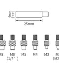 Diagram of Heat Soldering Iron Tips Set For 3D Printing, 936 Universal Insert Tips M2 to M8, showing threaded dimensions.