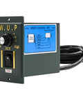 AC gear motor speed controller unit with front dial, ON/OFF switch, 110V label and blue diagram panel