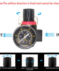 Image showing 3/8 NPT Air Compressor Regulator Combo With Manual Drain And Bracket PSI Gauge highlighting airflow direction.