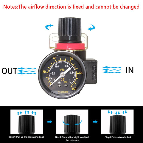Image showing 3/8 NPT Air Compressor Regulator Combo With Manual Drain And Bracket PSI Gauge highlighting airflow direction.