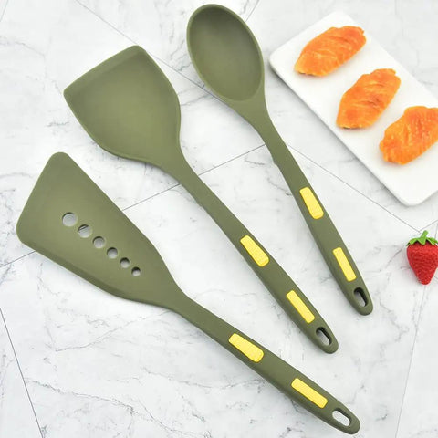 Heavy Duty Silicone Kitchen Utensil Set With Hooks 7 Piece Nonstick Heat Resistant Slotted Spoon Spatula Stirring Fork Spoon Dark Green