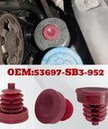 Heavy Duty Red Hydraulic Power Steering Reservoir Cap Slick Aftermarket Fluid Lid Cover Dead Nuts Reliable Screw Top Plug For Cars And Trucks Smooth Ride Replacement 53697SB3952 displayed in car engine with OEM number 53697-SB3-952.