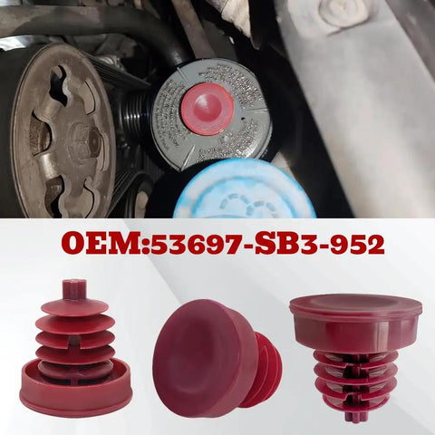 Heavy Duty Red Hydraulic Power Steering Reservoir Cap Slick Aftermarket Fluid Lid Cover Dead Nuts Reliable Screw Top Plug For Cars And Trucks Smooth Ride Replacement 53697SB3952 displayed in car engine with OEM number 53697-SB3-952.