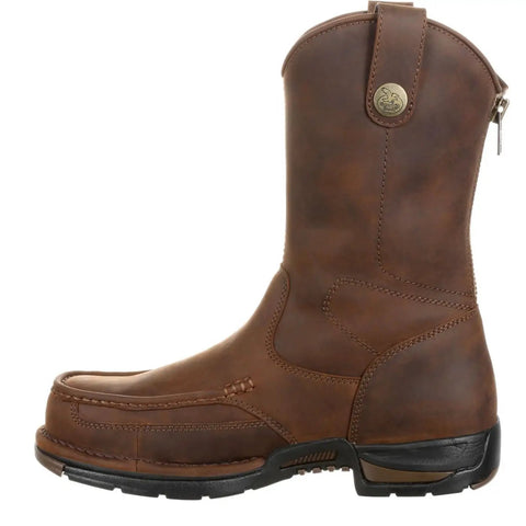 Men's Brown Moc Toe Work Boots Pull On Style With Back Zipper Electrical Hazard Rated Flexible Unlined Sole Lightweight Ride Built Tough For Long Hard Shifts
