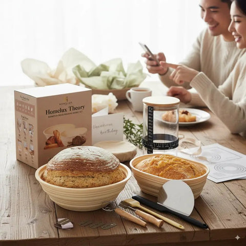 Ultimate Sourdough Starter Kit With Banneton Proofing Baskets 14 Piece Bread Making Set on wooden table with fresh bread