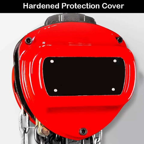 Hardened protection cover of Built Like A Tank One Ton Manual Hand Chain Hoist featuring dual pawl safety brake and hooks.