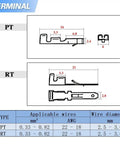 Dimensions chart of PT and RT terminals for All In One 290Pcs 2.8mm Wire Connector Kit With 2 3 4 6 9 Pin Male And Female Plug Housings.