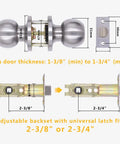 Set Of 4 No Fuss Satin Nickel Privacy Door Knobs With Adjustable Latch Fits Standard Backsets For Bedroom And Bathroom Doors Easy Install With Screws And Instructions, dimensions displayed
