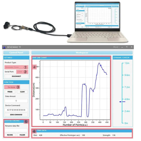 TFmini-S LiDAR Sensor 0.1-12 Meters Distance Measurement Single Point Ranging Module with software on laptop screen and chart.