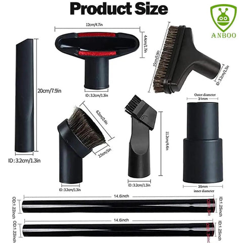 Eight Piece Vacuum Attachment Kit For One And A Quarter Inch Vacuums Including Crevice Tool, Horsehair Round Brush, Utility Nozzle