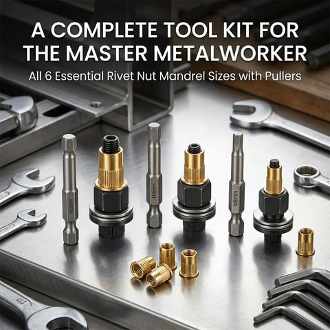 Heavy Duty Rivet Nut Tool Kit With M3 To M8 Carbon Steel Adapters For Sheet Metal Auto Repair And Furniture Building Projects That Get The Job Done Right Every Time, 6 mandrels on metal bench