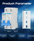 Miniature Circuit Breaker 500V 2 Pole 20 Amp Isolator For Solar PV System With Instant Magnetic Trip DIN Rail Mount Direct Current Disconnect Switch For Quick Safe Power Isolation with measurements and specifications shown.