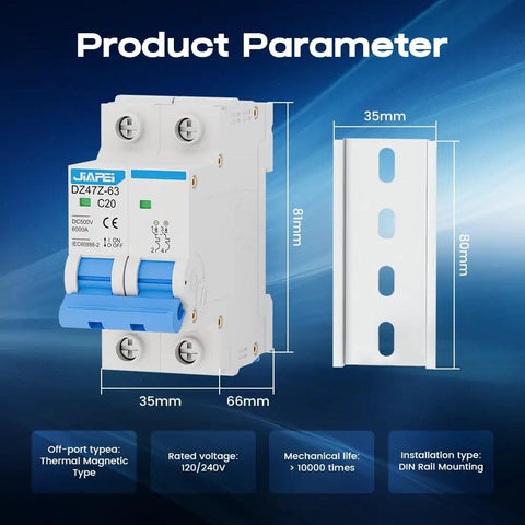 Miniature Circuit Breaker 500V 2 Pole 20 Amp Isolator For Solar PV System With Instant Magnetic Trip DIN Rail Mount Direct Current Disconnect Switch For Quick Safe Power Isolation with measurements and specifications shown.