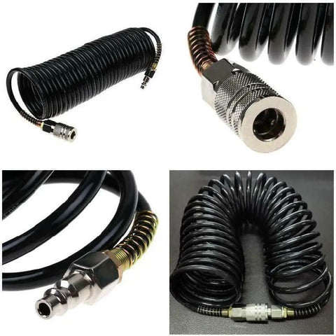 Boss Level 25 Foot Air Hose With Swivel Whip Fittings For Pro Garage And Auto Shop Crews Using 1 4 Inch Npt Pneumatic Connectors Hybrid Rubber Polyurethane Design Gives You Flexibility No Kinks At 200 Psi Pressure All Season Weather Is Awesome. 25 foot coiled black air hose with 1/4 inch NPT swivel fittings