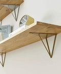 Rugged Triangle Shelf Bracket For Open Shelving Built Hella Solid With Matte Iron Wall Brackets And Dope Mid Century Hairpin Design with wooden shelf.