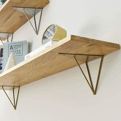 Rugged Triangle Shelf Bracket For Open Shelving Built Hella Solid With Matte Iron Wall Brackets And Dope Mid Century Hairpin Design with wooden shelf.