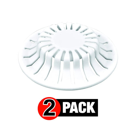White Two Pack Bathroom Sink Hair Catcher With Heavy Duty Suction Cup For Pop Up Drains And One Inch Stopper 2.5 inch diameter screens.