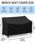 Waterproof 2 Seater Outdoor Bench Cover For Patio Garden Furniture with dimensions 53L X 26W X 35H inches, shown on a bench.