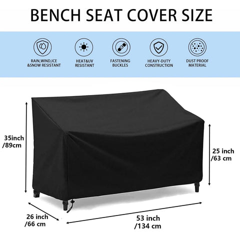 Waterproof 2 Seater Outdoor Bench Cover For Patio Garden Furniture with dimensions 53L X 26W X 35H inches, shown on a bench.