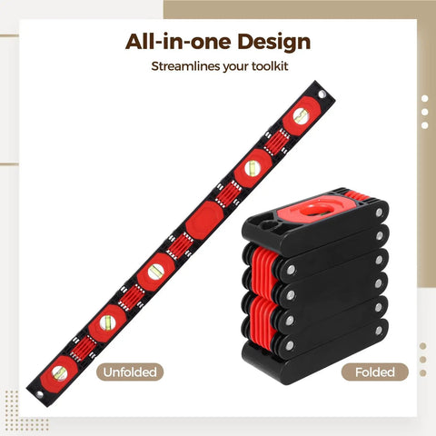 Foldable Level Tool For Woodworking With 180 Degree, 90 Degree, And 45 Degree Bubbles, Pro Grade Multi Function Leveler With Strong Holding Base, ABS Shell, 6 Fold Design, Portable Angle Tool, Unfolds To 28.3 Inches. Unfolded and folded view