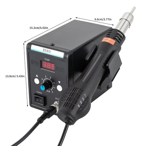 Pro Grade 110V Hot Air Rework Station with LED display and nozzle, showing dimensions and controls.