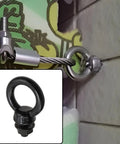 Mounted 10 Pack M6 Lifting Eye Bolts in Black Stainless Steel with lock nuts for heavy duty rigging, hammock hanging setup