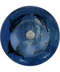 Top view of Sick Dope Blue Dolphin Tempered Glass Round Vessel Sink For Countertop Bathroom 16.5 Inch Blue Glass Bowl With Chrome Drain