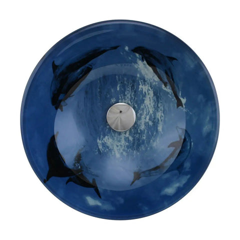 Top view of Sick Dope Blue Dolphin Tempered Glass Round Vessel Sink For Countertop Bathroom 16.5 Inch Blue Glass Bowl With Chrome Drain