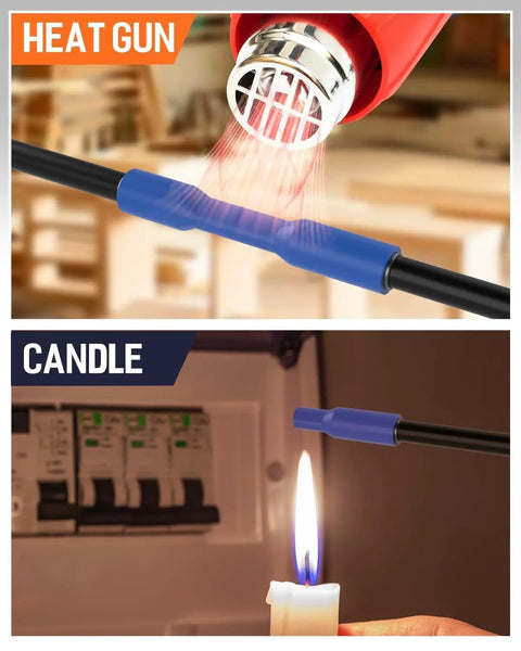 Pro Grade Heat Shrink Tubing Kit With Adhesive Lined Marine Grade Waterproof being used with heat gun and candle for wire sealing.