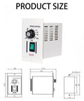 400W DC Motor Speed Controller Plug-And-Play Knob Adjustable Regulator 110V AC Input And 0-90V DC Output front and side views with dimensions