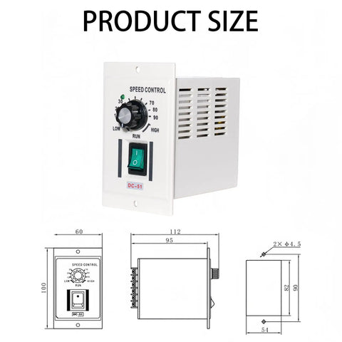 400W DC Motor Speed Controller Plug-And-Play Knob Adjustable Regulator 110V AC Input And 0-90V DC Output front and side views with dimensions