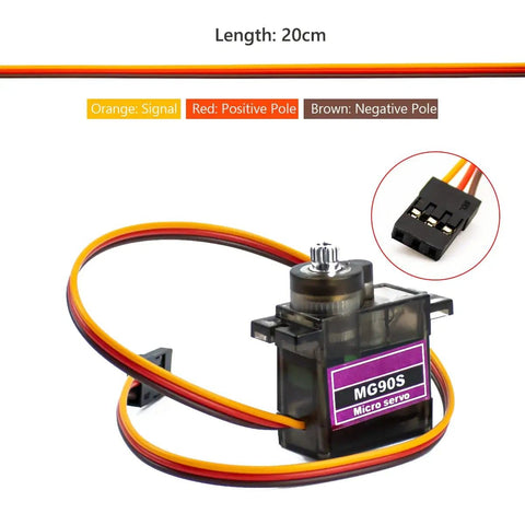 Five Pack MG90S 9G Metal Gear Micro Servo For Arduino Builds And RC Gearheads Ideal For Drones Planes Boats Robots Cars With 180 Degree Swing And Fast 0.1s Per 60 Degrees At 4.8V And 0.08s Per 60 Degrees At 6V shown with signal wires and connector