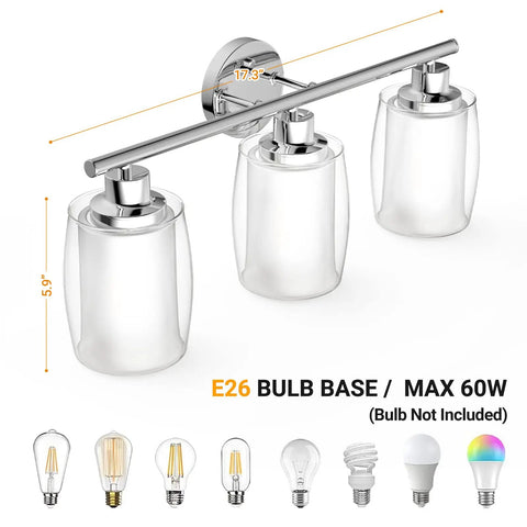 Three Light Chrome Bathroom Vanity Fixture With Dope Double Layer Anti Glare Shade, E26 base, 17.3 inches wide view.