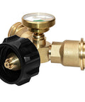 Propane Splitter Adapter With Gauge, 2 Way LP Gas Tee Connector for 20lb Tanks, solid brass construction