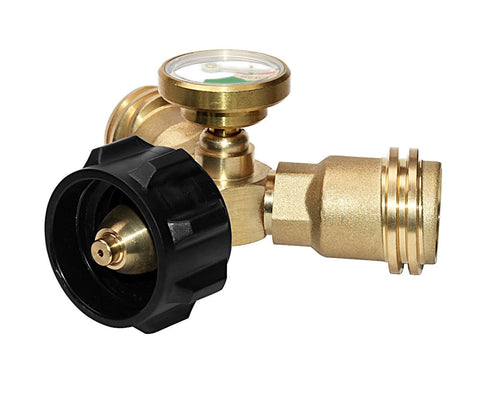 Propane Splitter Adapter With Gauge, 2 Way LP Gas Tee Connector for 20lb Tanks, solid brass construction