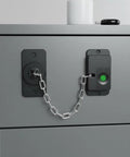 Keyless Electronic Drawer Lock With USB Power Backup and Long Standby Time on a gray cabinet handle view