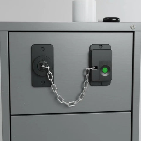 Keyless Electronic Drawer Lock With USB Power Backup and Long Standby Time on a gray cabinet handle view