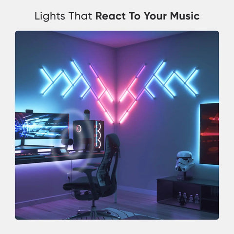 Gaming room with Lines Smart LED Wall Light Bar Kit With Music Sync And Screen Sync 16M Colors WiFi Control Works With Alexa And Google Assistant