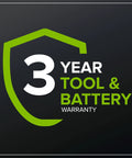 3 year tool and battery warranty logo on a black background with green accents for Heavy Duty 24V Brushless Cordless Pole Saw.