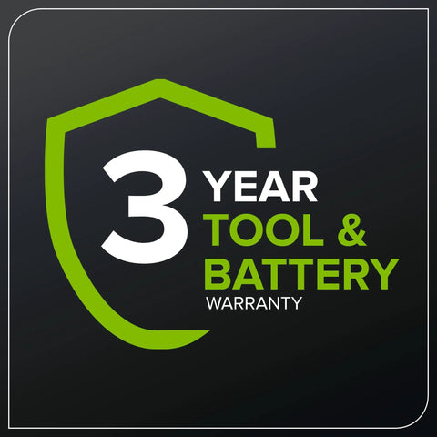3 year tool and battery warranty logo on a black background with green accents for Heavy Duty 24V Brushless Cordless Pole Saw.