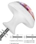 Four Pack Of One Point Three Seven Inch Round Cabinet Knobs Pink Marble Slick White Design Premium Glass Build Durable Stainless Steel Screws Included close-up of pink marble cabinet knob with stainless steel screw