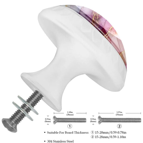 Four Pack Of One Point Three Seven Inch Round Cabinet Knobs Pink Marble Slick White Design Premium Glass Build Durable Stainless Steel Screws Included close-up of pink marble cabinet knob with stainless steel screw