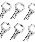 Heavy Duty 6 Inch C Clamp Locking Pliers Set, Six Pcs Vise Grip Clamps arranged on white background