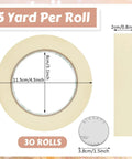 Bulk 30 Rolls Masking Tape 0.8 Inch By 55 Yards Each For Classroom Office Crafts Labeling School Projects Easy Tear And Clean Removal General Purpose Tape Beige White, showing tape roll dimensions and coin for size comparison.