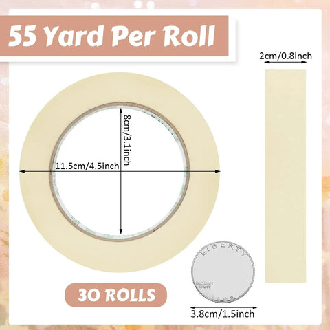 Bulk 30 Rolls Masking Tape 0.8 Inch By 55 Yards Each For Classroom Office Crafts Labeling School Projects Easy Tear And Clean Removal General Purpose Tape Beige White, showing tape roll dimensions and coin for size comparison.