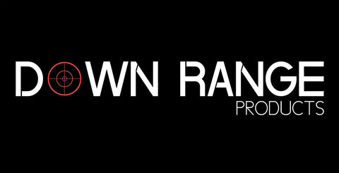 Down Range Products logo with black background and red target design