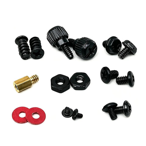 Slick Desktop PC Assembly Screwdriver Kit With Motherboard Mounting Screws Brass Standoffs Insulating Washers Precision Driver Thermal Grease And Tough Cable Ties For Stress Free DIY Rig Builds, showing various screws and standoffs.